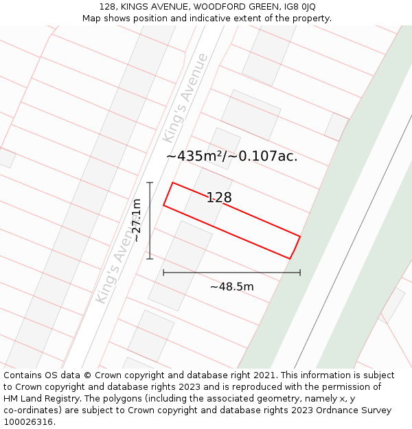 128, KINGS AVENUE, WOODFORD GREEN, IG8 0JQ: Plot and title map