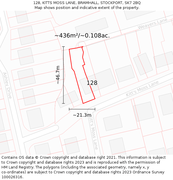 128, KITTS MOSS LANE, BRAMHALL, STOCKPORT, SK7 2BQ: Plot and title map