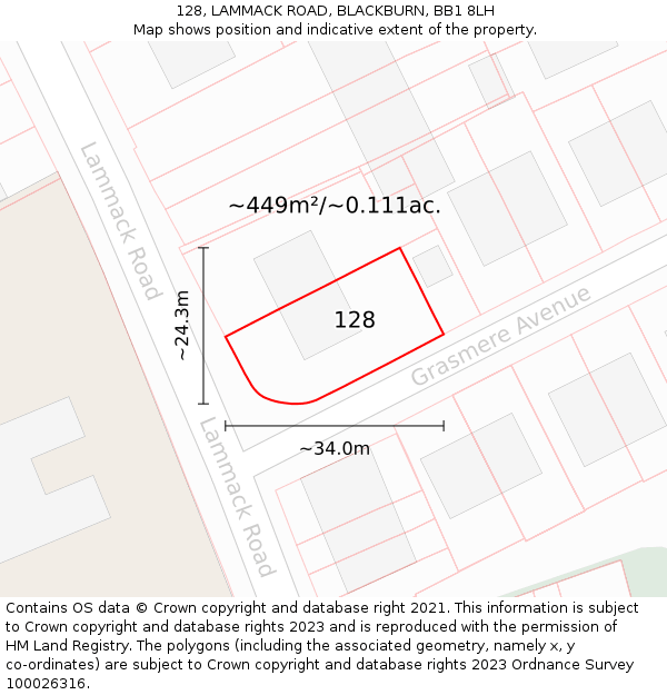 128, LAMMACK ROAD, BLACKBURN, BB1 8LH: Plot and title map