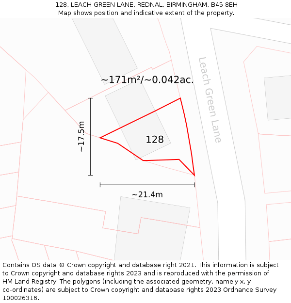 128, LEACH GREEN LANE, REDNAL, BIRMINGHAM, B45 8EH: Plot and title map