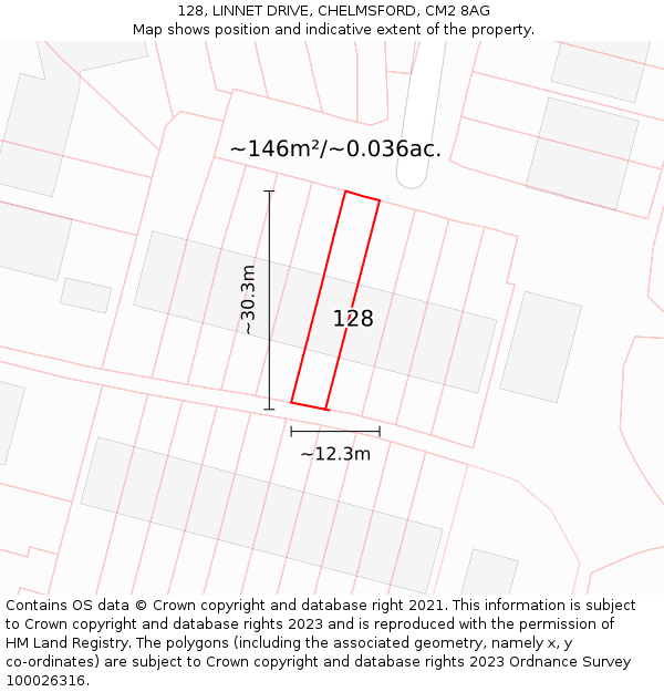 128, LINNET DRIVE, CHELMSFORD, CM2 8AG: Plot and title map