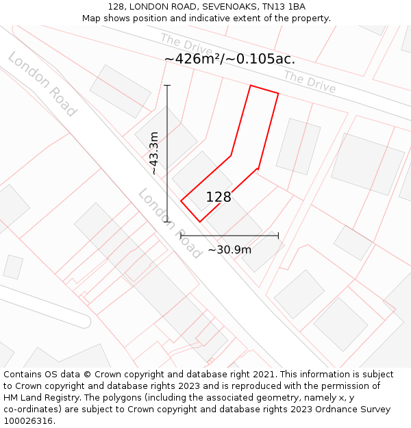128, LONDON ROAD, SEVENOAKS, TN13 1BA: Plot and title map