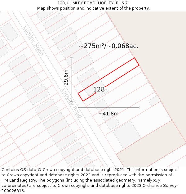 128, LUMLEY ROAD, HORLEY, RH6 7JJ: Plot and title map