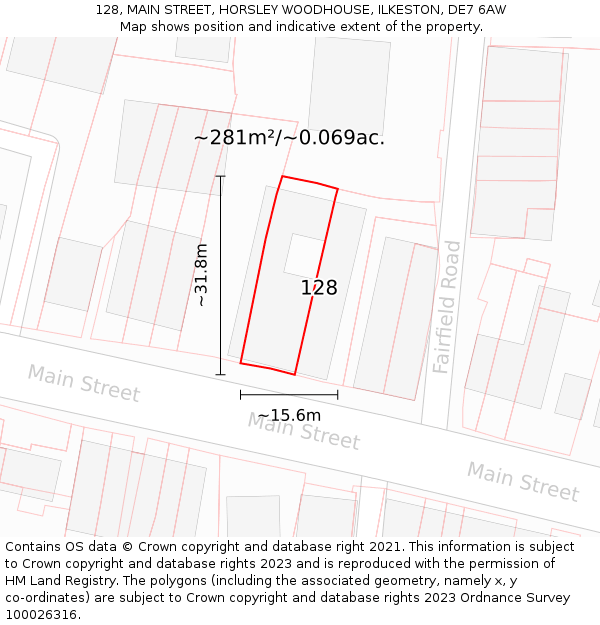 128, MAIN STREET, HORSLEY WOODHOUSE, ILKESTON, DE7 6AW: Plot and title map