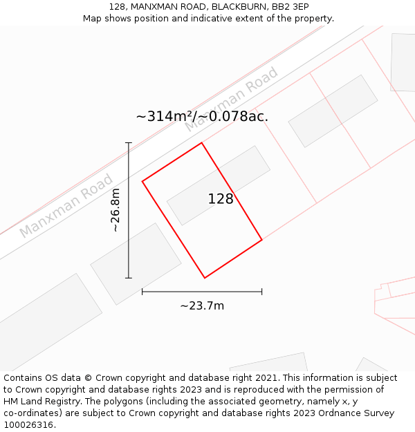 128, MANXMAN ROAD, BLACKBURN, BB2 3EP: Plot and title map