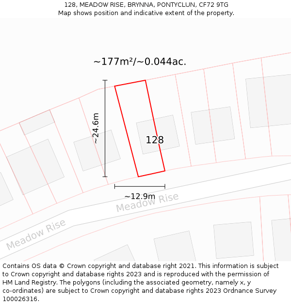 128, MEADOW RISE, BRYNNA, PONTYCLUN, CF72 9TG: Plot and title map