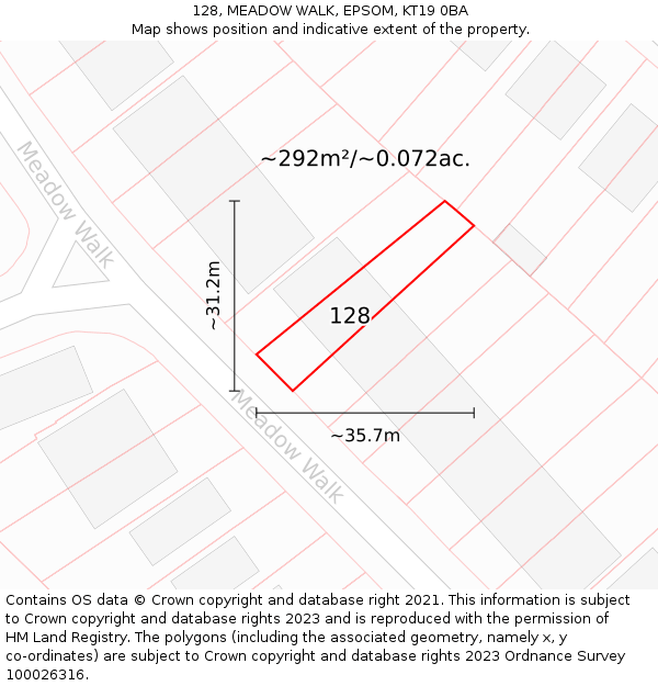 128, MEADOW WALK, EPSOM, KT19 0BA: Plot and title map