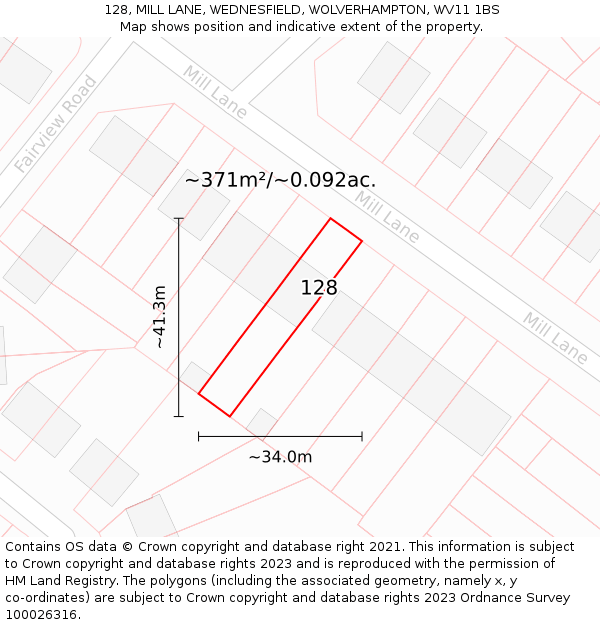 128, MILL LANE, WEDNESFIELD, WOLVERHAMPTON, WV11 1BS: Plot and title map