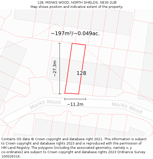 128, MONKS WOOD, NORTH SHIELDS, NE30 2UB: Plot and title map