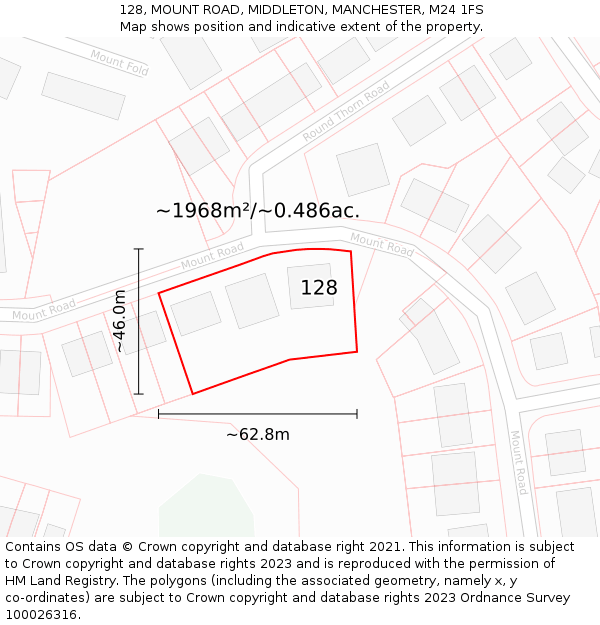 128, MOUNT ROAD, MIDDLETON, MANCHESTER, M24 1FS: Plot and title map