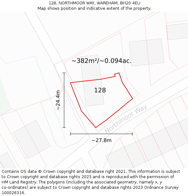 128, NORTHMOOR WAY, WAREHAM, BH20 4EU: Plot and title map