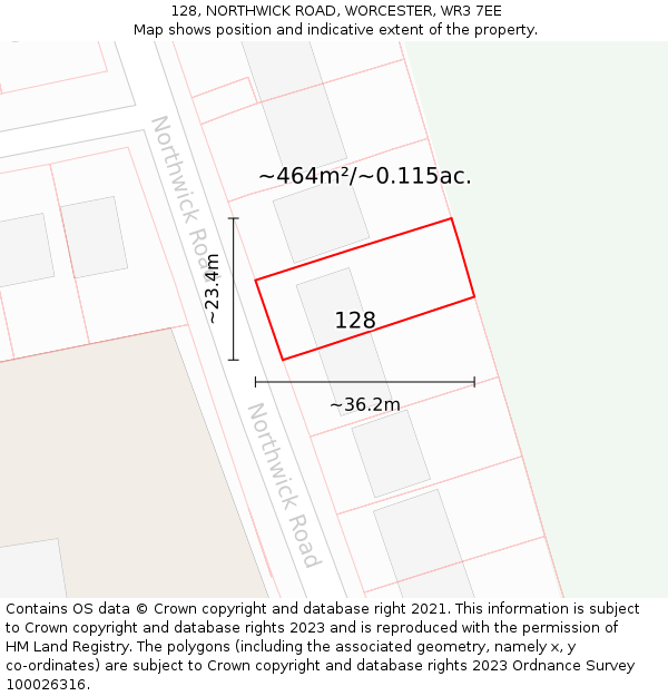 128, NORTHWICK ROAD, WORCESTER, WR3 7EE: Plot and title map