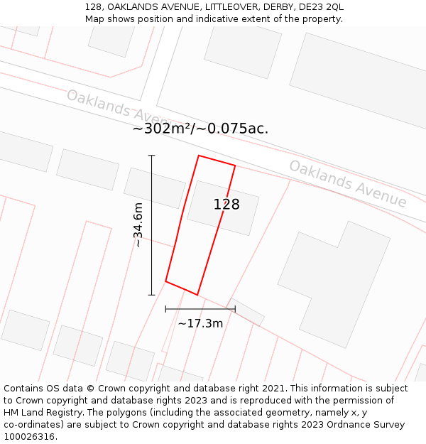 128, OAKLANDS AVENUE, LITTLEOVER, DERBY, DE23 2QL: Plot and title map