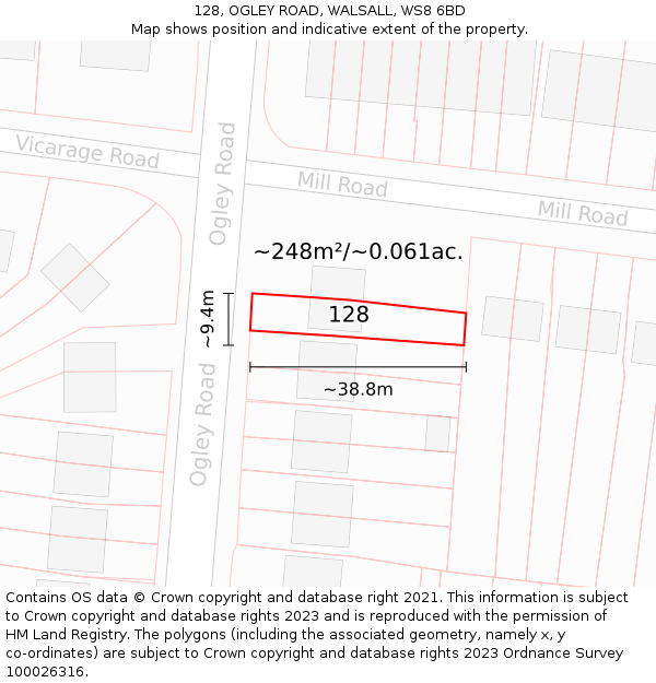 128, OGLEY ROAD, WALSALL, WS8 6BD: Plot and title map