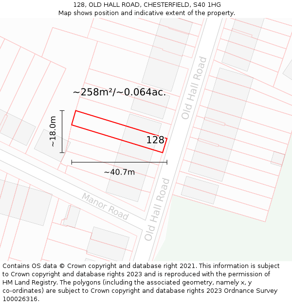 128, OLD HALL ROAD, CHESTERFIELD, S40 1HG: Plot and title map