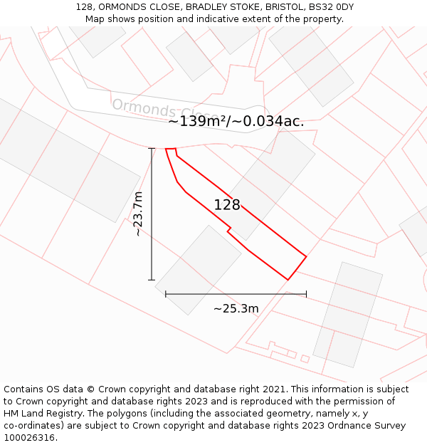 128, ORMONDS CLOSE, BRADLEY STOKE, BRISTOL, BS32 0DY: Plot and title map
