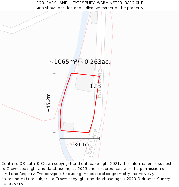 128, PARK LANE, HEYTESBURY, WARMINSTER, BA12 0HE: Plot and title map