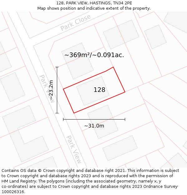 128, PARK VIEW, HASTINGS, TN34 2PE: Plot and title map