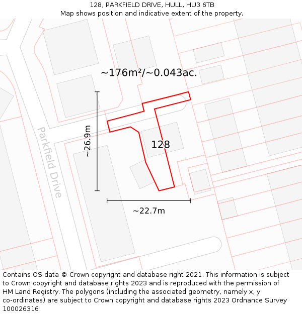 128, PARKFIELD DRIVE, HULL, HU3 6TB: Plot and title map