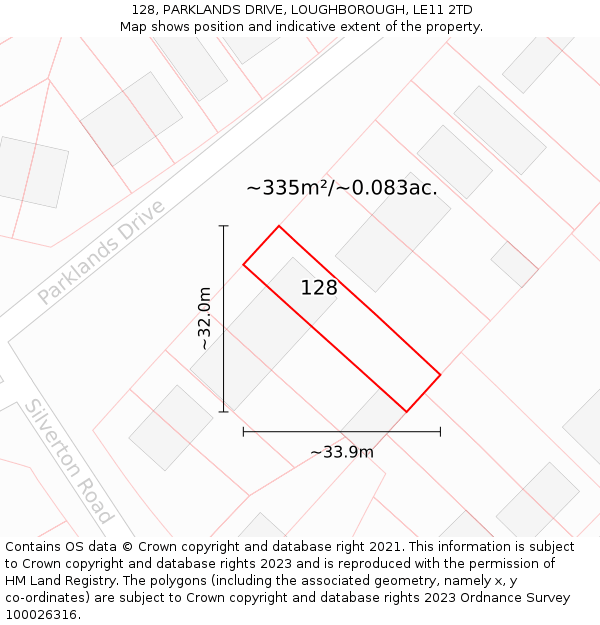 128, PARKLANDS DRIVE, LOUGHBOROUGH, LE11 2TD: Plot and title map