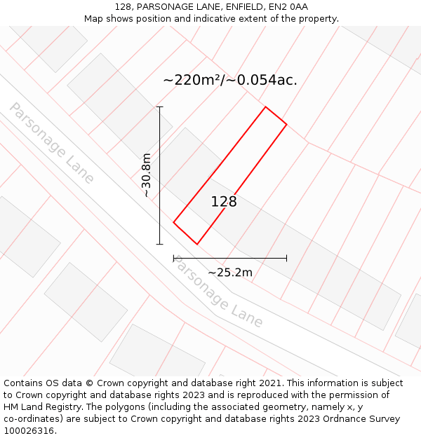 128, PARSONAGE LANE, ENFIELD, EN2 0AA: Plot and title map