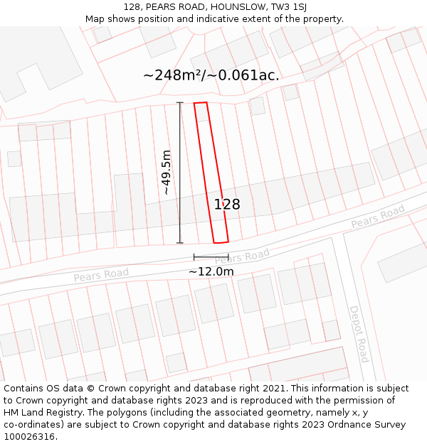 128, PEARS ROAD, HOUNSLOW, TW3 1SJ: Plot and title map
