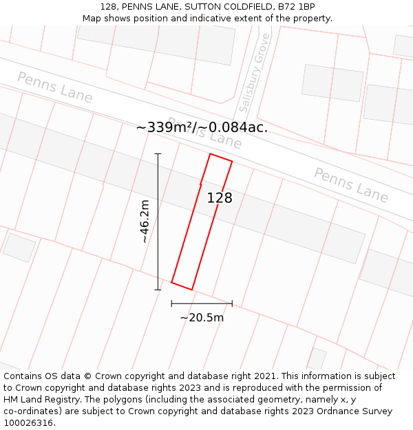128, PENNS LANE, SUTTON COLDFIELD, B72 1BP: Plot and title map
