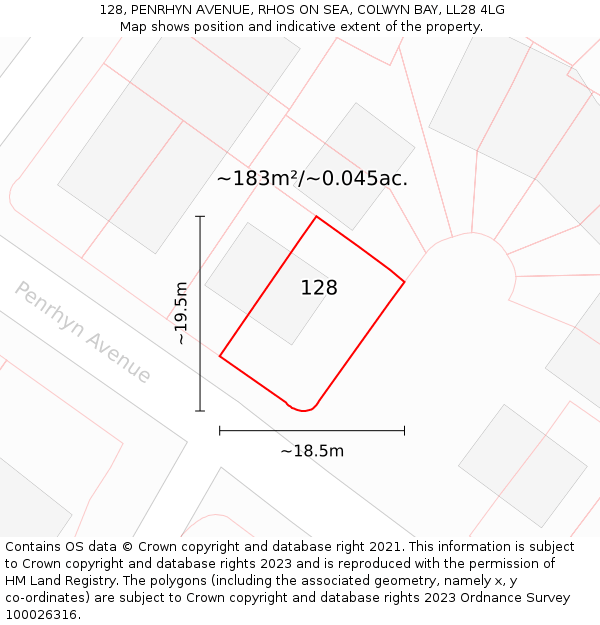 128, PENRHYN AVENUE, RHOS ON SEA, COLWYN BAY, LL28 4LG: Plot and title map
