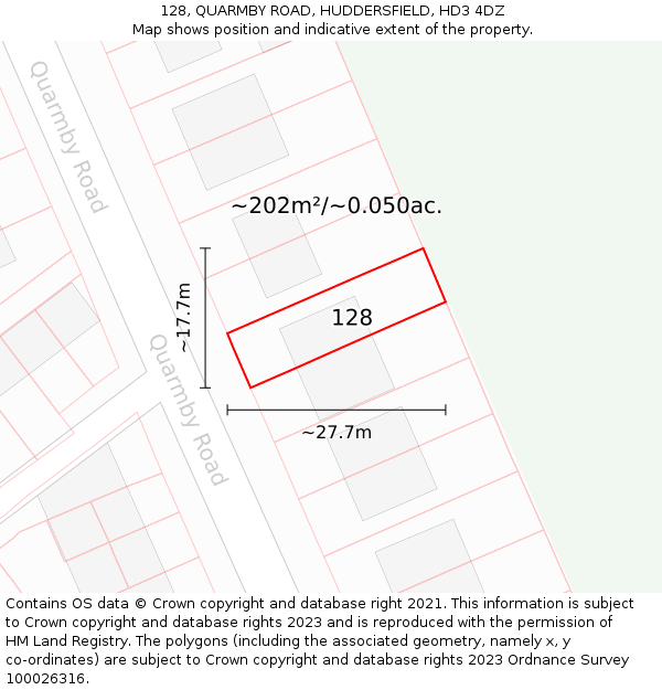 128, QUARMBY ROAD, HUDDERSFIELD, HD3 4DZ: Plot and title map