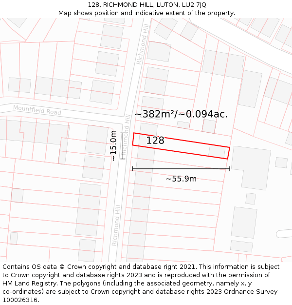 128, RICHMOND HILL, LUTON, LU2 7JQ: Plot and title map