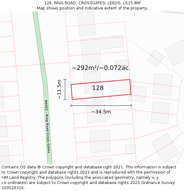 128, RING ROAD, CROSSGATES, LEEDS, LS15 8RF: Plot and title map