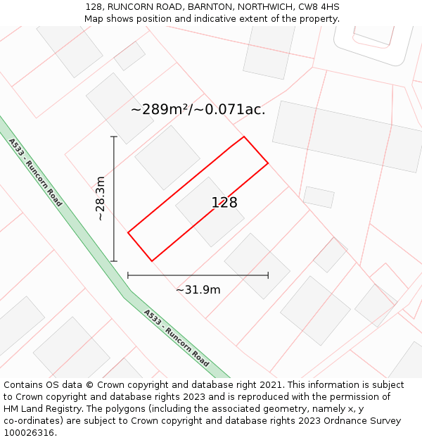 128, RUNCORN ROAD, BARNTON, NORTHWICH, CW8 4HS: Plot and title map