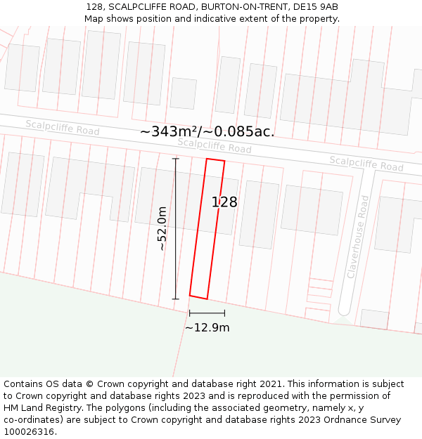 128, SCALPCLIFFE ROAD, BURTON-ON-TRENT, DE15 9AB: Plot and title map