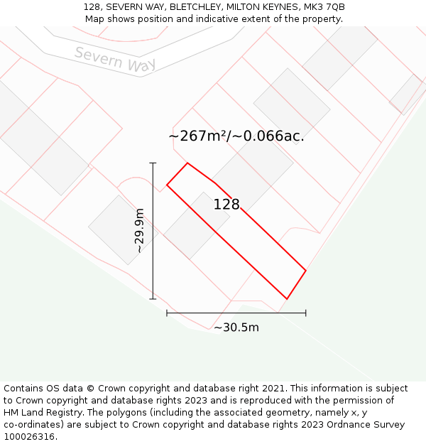 128, SEVERN WAY, BLETCHLEY, MILTON KEYNES, MK3 7QB: Plot and title map