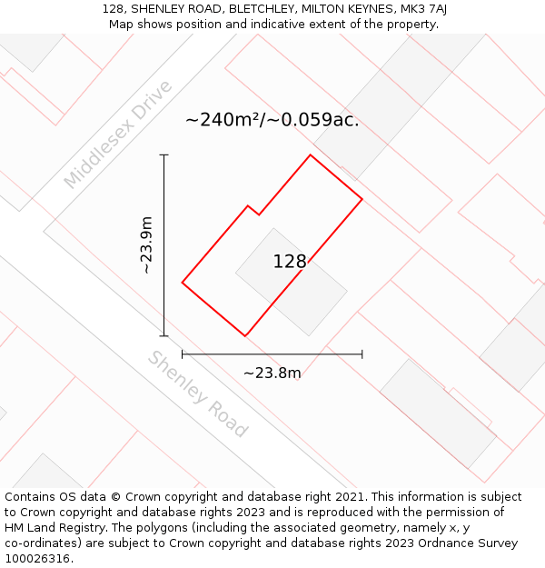 128, SHENLEY ROAD, BLETCHLEY, MILTON KEYNES, MK3 7AJ: Plot and title map