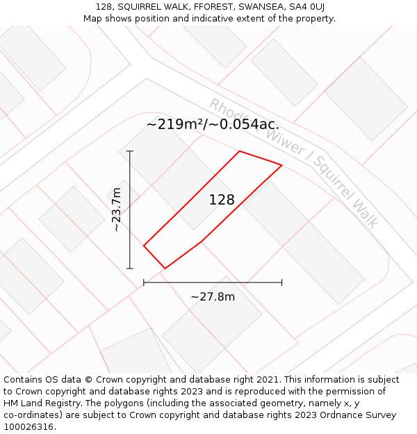 128, SQUIRREL WALK, FFOREST, SWANSEA, SA4 0UJ: Plot and title map