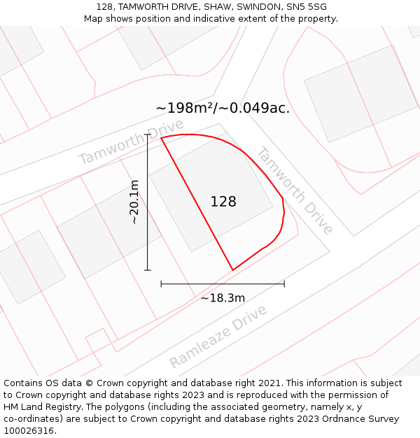 128, TAMWORTH DRIVE, SHAW, SWINDON, SN5 5SG: Plot and title map