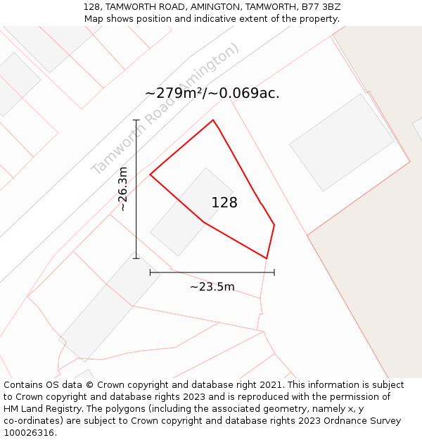 128, TAMWORTH ROAD, AMINGTON, TAMWORTH, B77 3BZ: Plot and title map