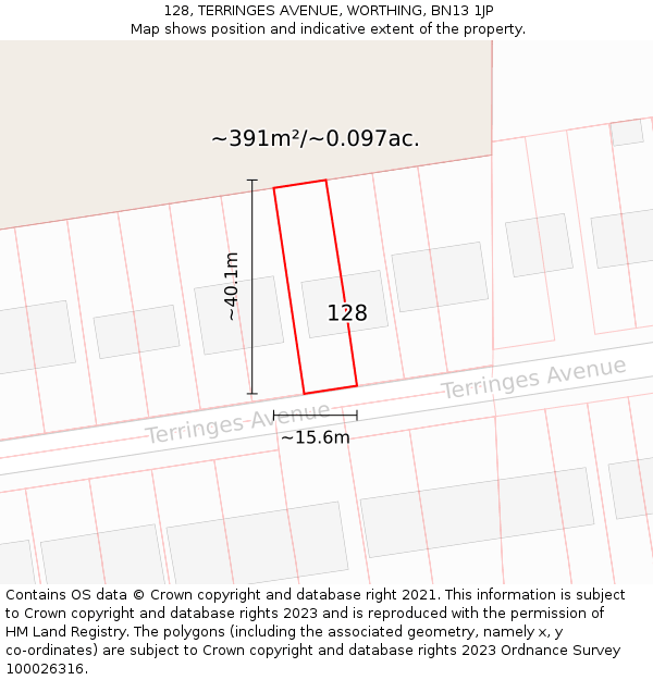 128, TERRINGES AVENUE, WORTHING, BN13 1JP: Plot and title map
