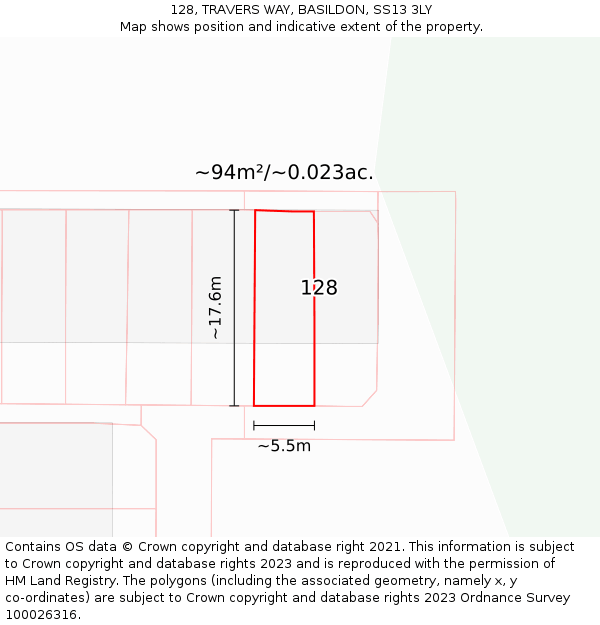 128, TRAVERS WAY, BASILDON, SS13 3LY: Plot and title map