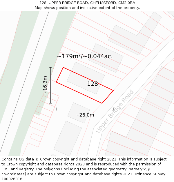 128, UPPER BRIDGE ROAD, CHELMSFORD, CM2 0BA: Plot and title map