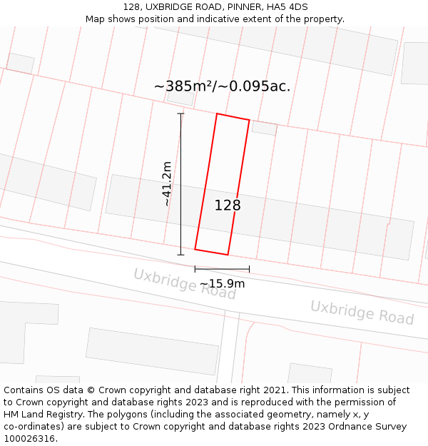 128, UXBRIDGE ROAD, PINNER, HA5 4DS: Plot and title map