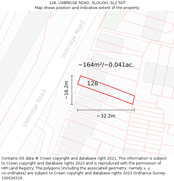 128, UXBRIDGE ROAD, SLOUGH, SL2 5NT: Plot and title map