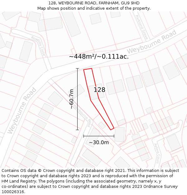 128, WEYBOURNE ROAD, FARNHAM, GU9 9HD: Plot and title map