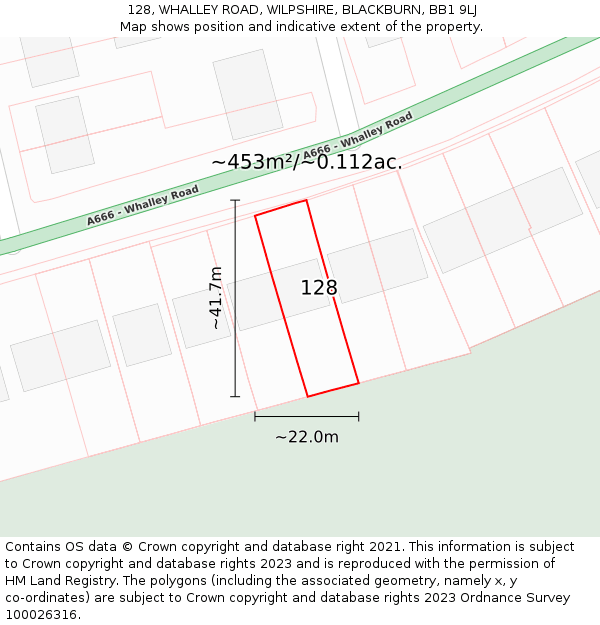 128, WHALLEY ROAD, WILPSHIRE, BLACKBURN, BB1 9LJ: Plot and title map