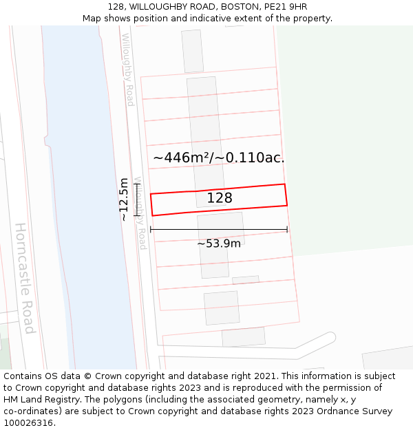 128, WILLOUGHBY ROAD, BOSTON, PE21 9HR: Plot and title map