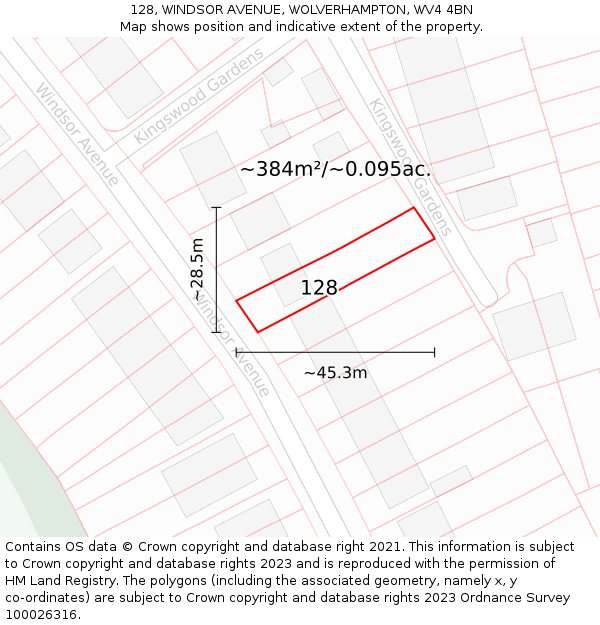 128, WINDSOR AVENUE, WOLVERHAMPTON, WV4 4BN: Plot and title map