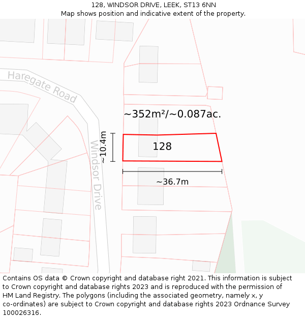 128, WINDSOR DRIVE, LEEK, ST13 6NN: Plot and title map