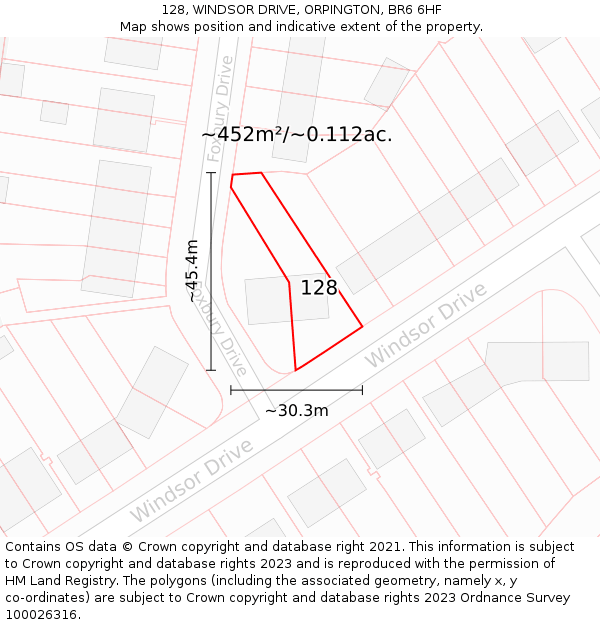 128, WINDSOR DRIVE, ORPINGTON, BR6 6HF: Plot and title map