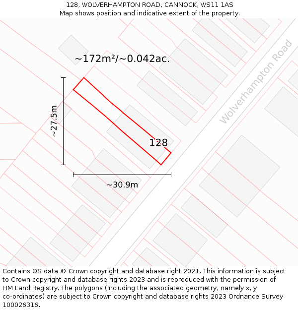 128, WOLVERHAMPTON ROAD, CANNOCK, WS11 1AS: Plot and title map